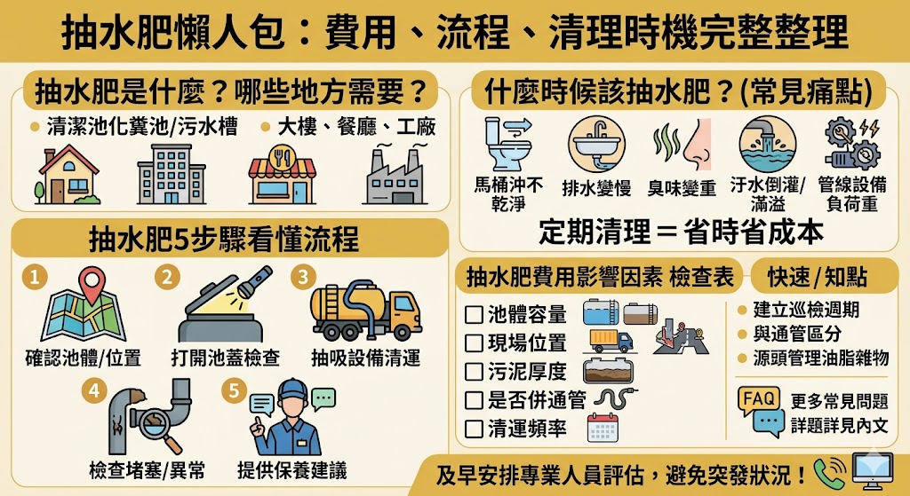 抽水肥不是等到堵塞、回流或惡臭出現才要處理，定期抽水肥能幫助維持化糞池與排污系統正常運作。這篇文章整理抽水肥的常見時機、作業流程、費用影響因素與注意事項，讓你更快判斷什麼情況需要抽水肥，避免後續衍生更高的清潔與維修成本