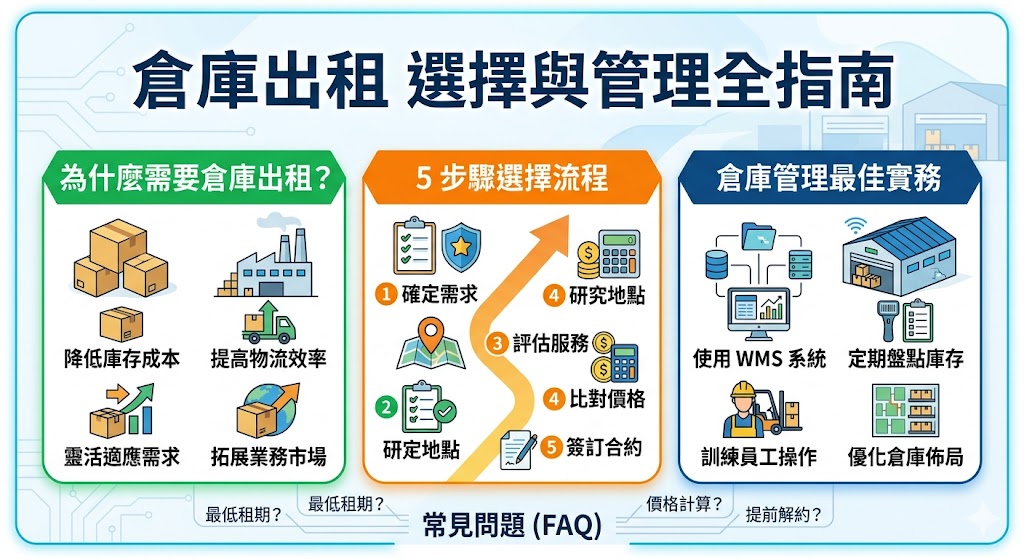 倉庫出租是企業運營中非常重要的一環，無論是大型企業還是中小型商家，倉庫空間的選擇直接影響到業務的流暢運作。選擇合適的倉庫出租服務，能夠幫助企業有效降低庫存成本，提升物流效率。本文將詳細介紹如何選擇倉庫出租、倉庫管理的最佳實務，並分析在選擇倉庫時應該考慮的關鍵因素，幫助企業做出最適合的選擇，從而提高業務的運營效率。