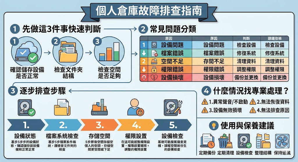在現今生活中，越來越多人使用 個人倉庫 來存儲資料和物品，但隨著使用時間增加，各種問題也可能出現。這篇文章將幫助您排查常見的 個人倉庫 問題，包括資料無法存取、儲存空間不足等，並提供簡單的步驟來解決這些問題。我們還會分享如何整理和保養您的倉庫，以確保資料的安全性，並避免日後遭遇儲存故障。
