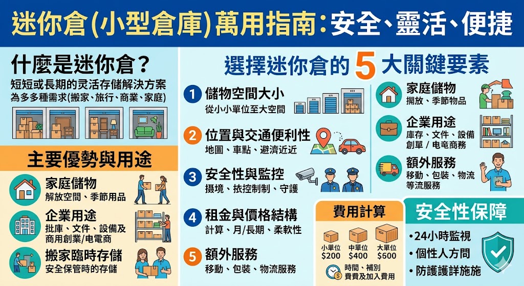 迷你倉（Mini Storage）是一種靈活的倉儲服務，適合家庭、商業、搬家等多種用途。它提供短期或長期儲物空間，讓顧客能夠根據需求選擇不同大小的儲物單位。無論是存放不常用物品、辦公設備或在搬家過程中暫存物品，迷你倉都是一個安全、便捷且高效的選擇。隨著需求不斷增長，迷你倉已成為解決儲物空間問題的重要選擇。