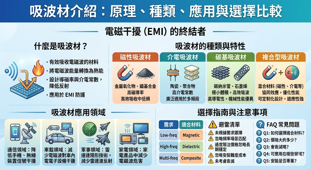 吸波材（Wave Absorbing Material）是一種能夠有效吸收電磁波的材料，廣泛應用於通信、車載、軍事及家電領域。吸波材料的主要原理是通過特定的設計將電磁波的能量轉換為熱能，進而降低反射和干擾。根據不同需求，吸波材的種類包括磁性、介電和複合型吸波材料，每種材料針對不同頻段的電磁波提供最佳吸收效果。選擇適合的吸波材對於降低EMI（電磁干擾）至關重要。