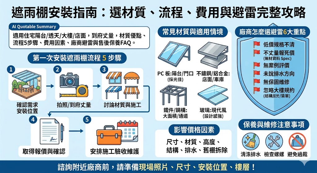 為家中的露台、窗台或停車位安裝遮雨棚時，選擇合適的材質與耐用度是首要考量。本指南深入解析常見材質如不鏽鋼框架、強化玻璃、PC耐力板與塑鋁板的優缺點與價格差異，幫助您在美觀與防護性能間取得平衡。安裝流程從現場丈量、結構設計到防漏水施工缺一不可，專業的施工團隊能有效避免日後漏水或颱風天晃動的安全隱憂。在尋找廠商時，建議優先考察其過往案例、保固年限與報價透明度，並注意社區規委會或違建相關法規限制。透過完整的市場行情分析與避雷建議，您可以精準掌握預算分配，挑選出最符合居家風格且具備長效抗UV、靜音排水功能的優質遮雨棚，為住家打造一處乾爽舒適的戶外延伸空間。