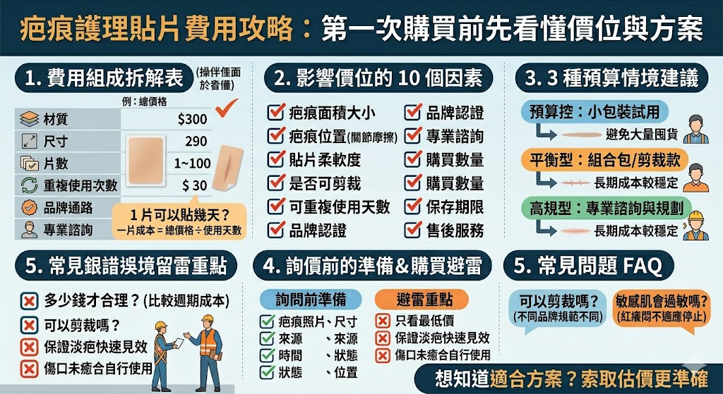 選購疤痕護理貼片時，費用通常取決於貼片的材質技術、品牌知名度以及單片尺寸的大小。一般而言，具有醫療級矽膠成分的產品價格較高，但其透氣性與服貼度能提供更好的加壓效果。消費者在評估方案時，應優先區分「拋棄式」與「可重複清洗式」兩大類別，前者雖然單次購入門檻低，但長期更換的累積成本不容小覷；後者雖初期投入較多，若保養得當則具備較高的性價比。此外，針對剖腹產或大型手術設計的特殊規格，往往會以組合包的形式販售，建議根據傷口的生長期與預計護理天數來挑選最合適的方案。購買前務必確認產品是否領有醫療器材許可，並視個人皮膚敏感度選擇黏性適中的款式，避免因過度更換造成皮膚二次傷害，才能在預算範圍內達到理想的疤痕修復效果。
