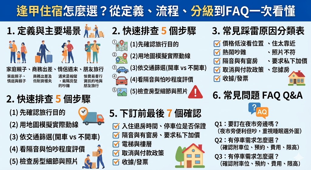 選擇逢甲住宿是提升台中旅遊體驗的關鍵，重點在於如何在便利性與居住品質間取得平衡。本指南歸納出避雷八大步驟，首要任務是確認業者是否具備合法旅館登記，並透過多平台交叉比對近三個月的真實評價，特別留意關於隔音與清潔度的回饋。針對交通，建議優先挑選步行 5 至 10 分鐘即可抵達夜市核心的飯店，既能享受美食便利又能避開人潮噪音。停車位更是逢甲的一大挑戰，務必在訂房前確認是否有專屬地下停車場或特約車位，並釐清是否保留位與進出次數限制。此外，注意飯店是否具備 24 小時櫃檯與行李寄放服務，能讓行程規劃更具彈性。透過系統化檢查設備狀況、地理位置與周邊生活機能，這份指南將協助你快速篩選出高 CP 值的優質落腳點，確保在熱鬧的商圈中也能擁有安靜且舒適的休憩環境。