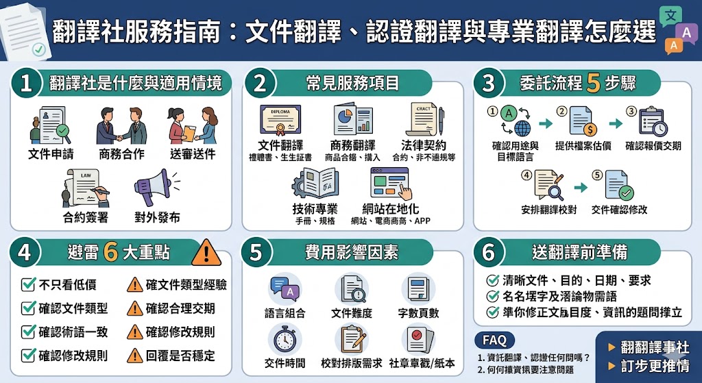 面對留學文件、法律合約或技術手冊的轉譯需求，選擇合適的翻譯社是確保精準度的關鍵。本指南深入探討一般文件翻譯、具備法律效力的公證認證翻譯以及醫學、工程等高度專業領域翻譯的區別。專業翻譯流程不僅包含初稿翻譯，更涵蓋母語人士潤稿與嚴謹的校對機制，確保語意通順且符合當地文化語境。在選擇廠商時，應評估其是否擁有特定領域的專業譯者背景、過往案例實績以及對客戶隱私的保密承諾。費用通常依字數、語種難易度與急件需求而異，建議透過試譯評估品質，避免落入低價翻譯軟體拼湊的陷阱。透過本文對認證代辦流程與選購重點的解析，您能精準媒合優質翻譯團隊，確保重要文書在國際交流中具備高度專業性與正式性，助您順利達成跨國溝通與行政申請目標。