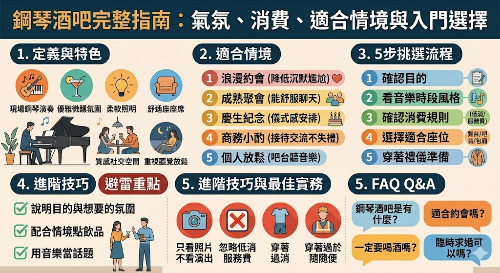 鋼琴酒吧結合了現場音樂演奏與優雅的飲酒社交，提供一種介於喧鬧夜店與安靜酒館之間的獨特氛圍。這類場域通常以古典或爵士鋼琴現場伴奏為核心，營造出成熟、放鬆且富有藝術氣息的格調，非常適合商務洽談、浪漫約會或是追求高品質獨處時光的成人客群。在消費模式上，多數鋼琴酒吧採取低消制或收取現場音樂費，部分高端場所則提供精緻餐點與專業調酒師服務。對於初次接觸的入門者，建議挑選位於飯店內或評價優良的知名據點，並注意店家是否有特定的著裝要求或安靜聆聽的禮儀。本指南全面解析從音樂曲風選擇、座位區分的巧思到預約建議，幫助讀者在鋼琴旋律的薰陶下，掌握得體的進場技巧與消費重點，不僅能有效避免尷尬，更能深刻體會這種都會慢生活的社交美學與沉浸式感官享受。