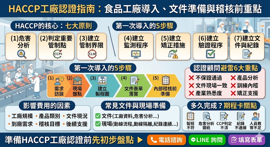 準備HACCP工廠認證不知道從哪開始？本文整理HACCP工廠認證流程、文件準備、費用影響因素、顧問挑選、現場改善與FAQ，協助食品工廠掌握導入重點，建立可執行的食品安全管理制度，降低稽核前準備落差。