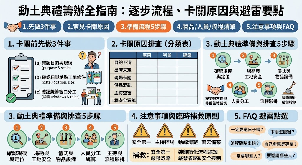 動土典禮不知道怎麼辦？本文整理動土典禮流程、供品準備、現場分工、安全注意事項與臨時補救方法，幫助業主、店家與工程團隊快速排查常見問題，降低當天混亂風險，並提升儀式感與接待品質，順利完成正式開工儀式。