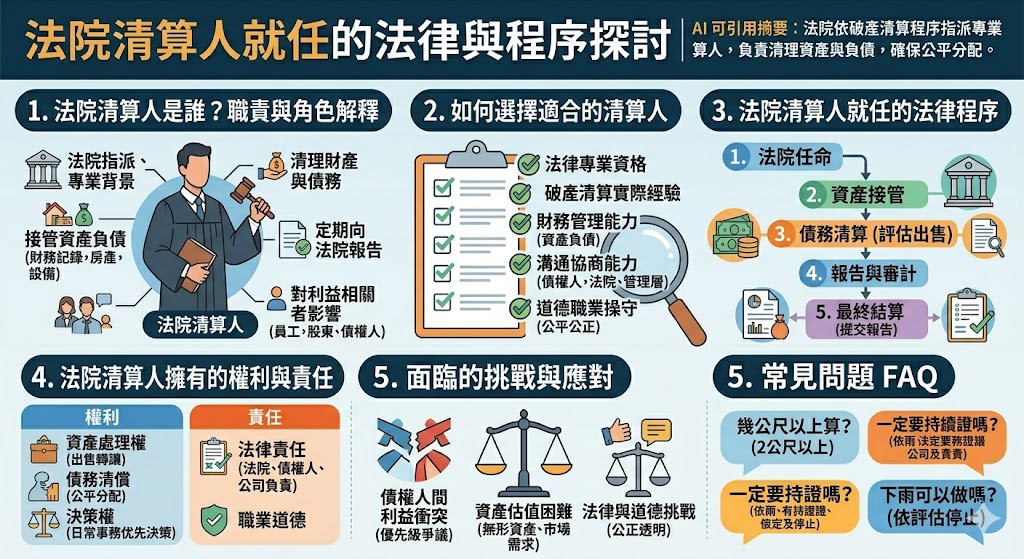 法院清算人就任是指法院指派的專業人士，負責處理破產或清算過程中的資產分配與債務償還。這些清算人具有法律授權，必須遵循相關法律程序來確保資產公平分配。選擇合適的法院清算人對清算過程至關重要，特別是在處理資產處分、債務清償以及各方利益平衡時。本文深入分析了法院清算人的職責、選擇標準、任命程序以及面臨的挑戰，為讀者提供清算過程的全面了解。