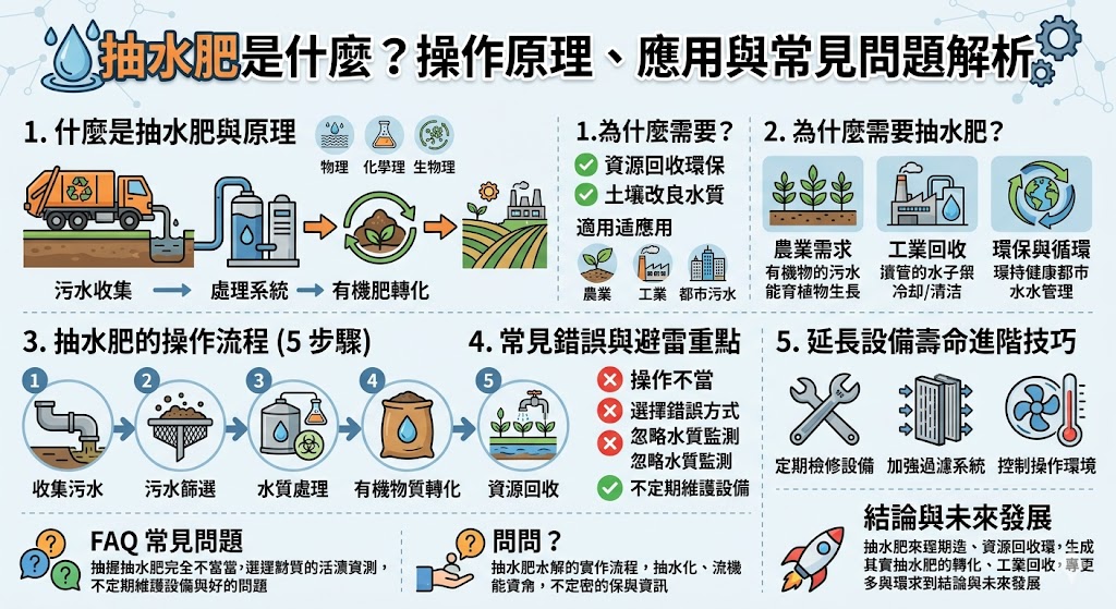 抽水肥是一種利用專業設備將污水或有機廢水轉化為肥料的技術。這項技術不僅有助於資源回收，還能有效改善水質，廣泛應用於農業和工業領域。了解抽水肥的操作流程和優缺點，可以幫助您選擇合適的處理方案，提高環保效益並達到可持續發展的目標。本文將深入探討抽水肥的基本概念及其應用，為有需要的企業和農民提供專業指導。