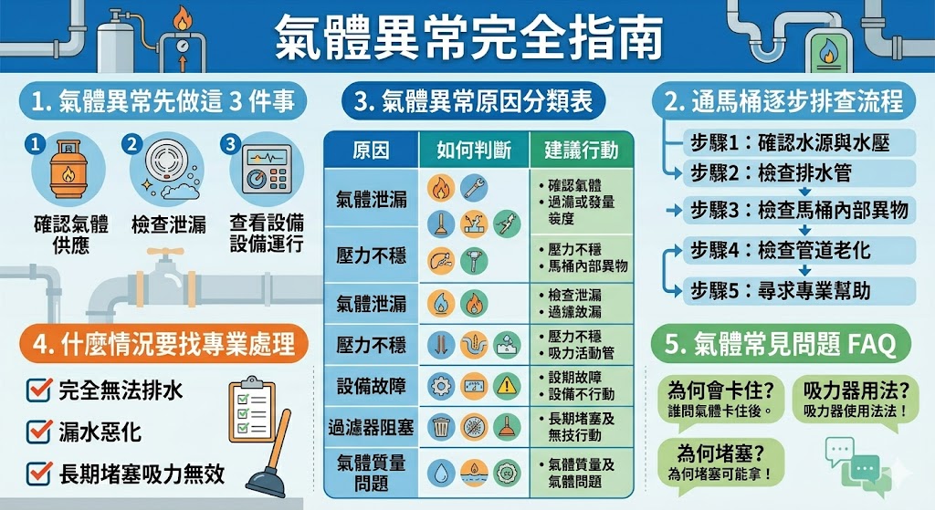 如果你發現氣體系統異常，無論是氣體泄漏、壓力不穩還是設備故障，都需要進行快速排查。本文將為你介紹如何判斷氣體異常的原因，提供詳細的排查步驟，並教你如何處理各種常見的氣體問題，避免危險和損失。了解常見氣體異常現象和解決方法，確保設備運行穩定並保護你的安全。