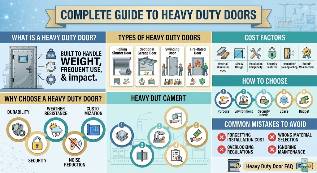 A heavy duty door is designed to provide exceptional durability and security for high-traffic or industrial environments. These doors are constructed from strong materials like steel and aluminum to withstand harsh conditions, heavy impacts, and frequent use. Understanding the different types of heavy duty doors, such as rolling shutters or fire-rated options, is essential when choosing the right one for your needs. Whether for commercial or residential use, a heavy duty door ensures long-lasting protection and functionality.