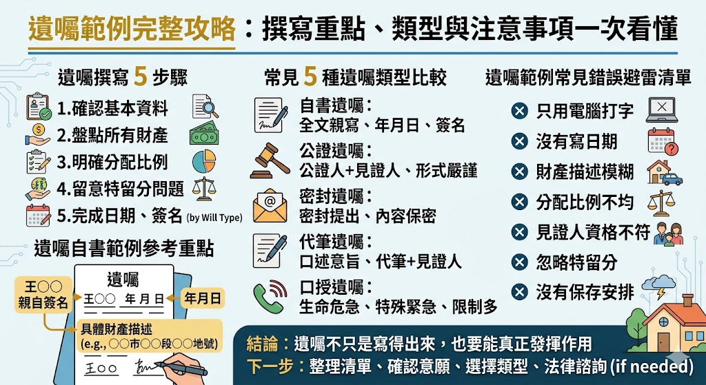 撰寫遺囑是傳承心意與財產分配的重要法律行為,本文詳盡整理了法律認可的五種遺囑類型,包括自書、代筆、公證、密封及口授遺囑,並針對每種格式的成立要件與法律效力進行深度解析。透過具體的遺囑範例說明,您可以清楚掌握遺產分配、繼承人設定及執行人指定的正確寫法,避免因格式錯誤導致文件失效。文中特別強調了親筆簽名、日期標註以及見證人資格等關鍵注意事項,協助您在符合法律規範的前提下,妥善規劃身後事宜,降低繼承糾紛的風險,確保個人意願能獲得最完整且具法律保障的執行,為家人留下最明確的交代與一份安心。