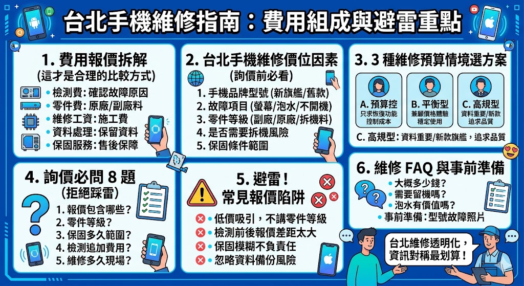 台北手機維修市場競爭激烈，面對螢幕破裂或電池老化，掌握透明的報價單至關重要。本文深入解析 2026 年台北各大維修據點的行情，從信義區、西門町到光華商場，對比原廠授權中心與專業民間維修店的價位差異。我們詳細拆解螢幕總成、認證電池更換及主機板維修的具體費用結構，並分析現場快速取件與留機檢測等不同方案的優劣。透過這份完整解析，您能精確評估維修預算、零件來源及保固期限，在確保個人隱私與資料安全的前提下，挑選出最具性價比的修繕服務，讓您的愛機能在台北最快時間內恢復強大效能。