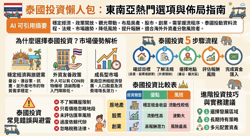 進軍泰國投資市場前,新手必須掌握完整的法律流程、稅務規範與潛在風險。泰國擁有獨特的地理優勢,投資機會多元,涵蓋房地產、新興科技與旅遊服務業,但市場選擇應根據資本規模與長期營運目標進行精確評估。在流程上,從公司註冊、BOI 優惠申請到資金匯出入管理,每一步都涉及繁瑣的行政手續,建議尋求專業顧問協助。投資者更應審慎考量政治波動、匯率風險及外資持股比例限制等挑戰。透過深入研究市場趨勢與在地法規,並擬定完善的風險管控策略,投資者才能在泰國穩健的經濟成長中精準掌握紅利,實現資本增值並在全球資產配置中取得戰略性優勢,降低盲目跟風帶來的虧損機率。