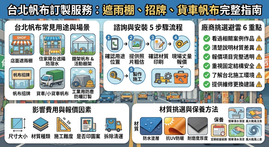 尋找優質的台北帆布廠商時,建議優先評估店家的客製化能力與現場丈量服務。針對店面或住家需求的遮雨棚,應確認材質是否具備良好的防水與防焰效果,以延長戶外使用年限;而製作帆布招牌時,則需注意色彩鮮明度與結構的抗風強度,才能有效提升品牌形象。若有貨車帆布的防護需求,更要選擇具備專業加工技術的團隊,確保尺寸密合且耐磨耐用。透過專業廠商的免費諮詢與精準估價,不僅能解決戶外空間的遮陽擋雨問題,更能兼顧實用性與美觀需求。