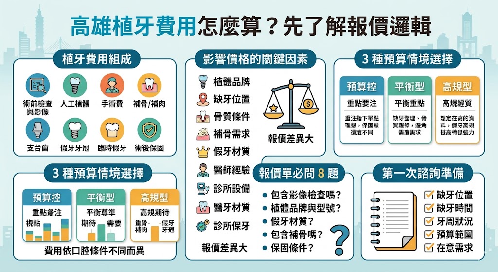 進行高雄植牙療程前，了解費用的組成與報價單重點是確保醫療品質與權益的重要步驟。目前高雄單顆植牙的市場價格，若包含植體品牌、手術操作及假牙冠，完整療程通常落在新台幣6萬至10萬元以上。若患者有嚴重骨質不足，則需額外加上補骨或補肉等手術費用，可能使總價達到12萬元。在檢視報價單時，應留意是否包含術前檢查、臨時假牙及術後追蹤等細項，並確保選用知名大廠的優良植體以獲得完善保固。建議在評估預算與療程時，不要單純以低價為考量，應選擇收費透明且專業的牙醫診所，才能在安全與咀嚼功能間取得最佳平衡。