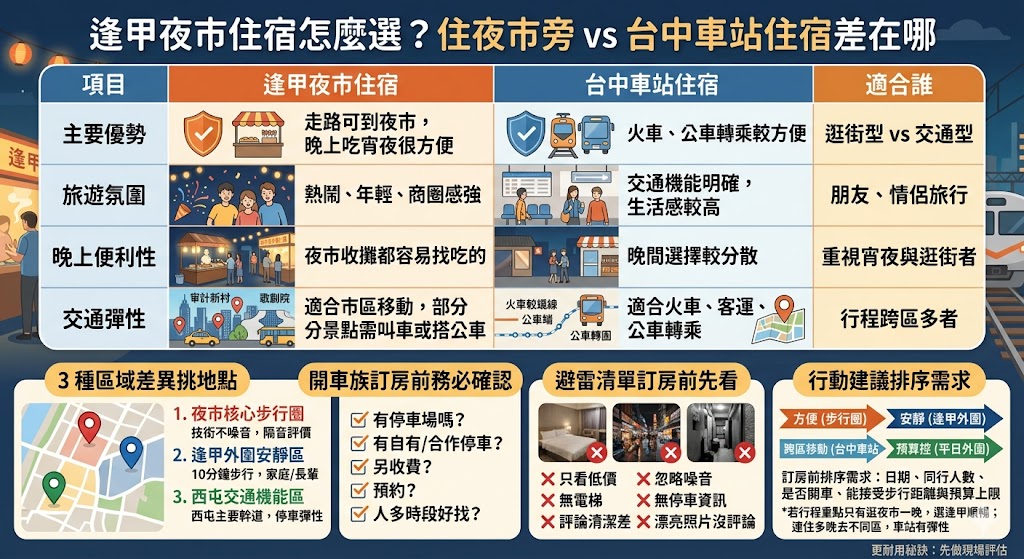 逢甲夜市住宿怎麼選？規劃台中旅遊時，選擇鄰近逢甲夜市住宿或台中車站住宿是常見的兩難。選擇逢甲夜市住宿能讓您盡情享受豐富的小吃與逛街樂趣，步行即可抵達商圈，體驗熱鬧的夜生活氛圍。若選擇台中車站住宿，則擁有極佳的大眾運輸優勢，方便轉乘台鐵、客運前往台中各大景點，周邊交通便捷且機能完善。您可以根據自身的交通工具與行程規劃來評估，若是偏好夜間休閒與美食探索，逢甲夜市周邊的特色旅店是理想選擇；而重視跨區移動與高鐵接駁的旅客，則建議以台中車站周邊的住宿為優先考量。