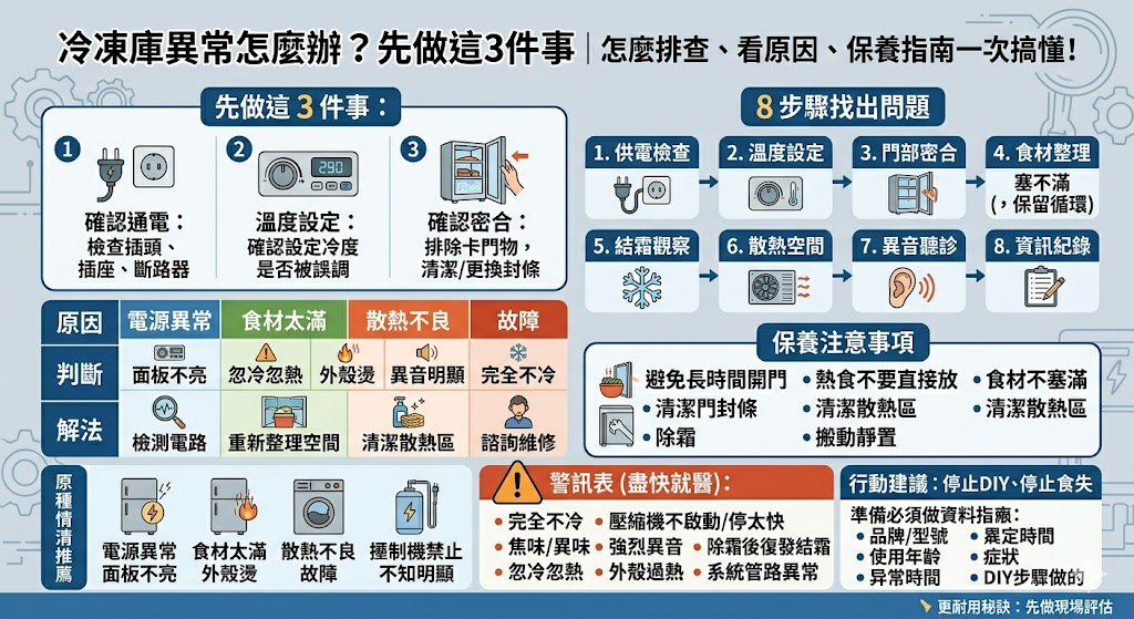冷凍庫異常怎麼辦?當發現冷凍庫不冷或出現異常警報時,請先進行這 3 件事以排除問題:首先檢查冷凍庫電源線與插座是否鬆動,並確認電器總開關未跳電,排除單純的供電異常;接著清除過厚的結霜並確認通風口未被食材堵塞,避免因空氣對流不良導致降溫效率下降;最後檢查冷凍庫的門磁膠條是否老化或密合不全,以免冷氣外洩。透過這 3 個基礎排查步驟,能有效解決常見的冷凍庫異常狀況,若確認皆無問題仍無法正常運轉,建議盡速聯繫專業維修人員檢查壓縮機或溫控系統,確保食材新鮮度與電器安全。
