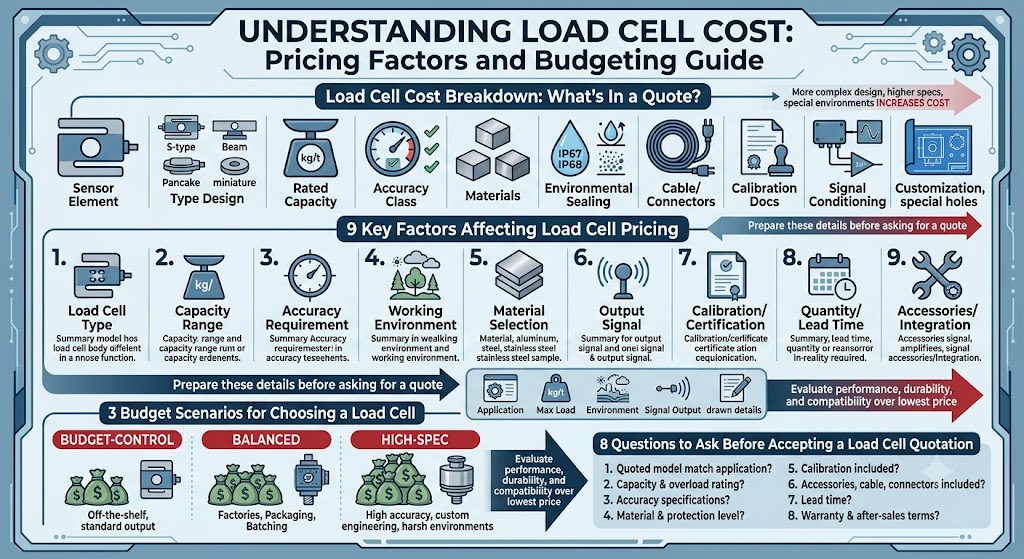 This article explains how load cell pricing works, including cost breakdowns, quotation details, key factors that affect price, budget scenarios, and common purchasing mistakes. It helps first-time buyers understand what should be included in a load cell quote, how to compare different load cell options, and what questions to ask before placing an order, so they can choose a reliable solution based on accuracy, capacity, material, calibration, lead time, and application needs.