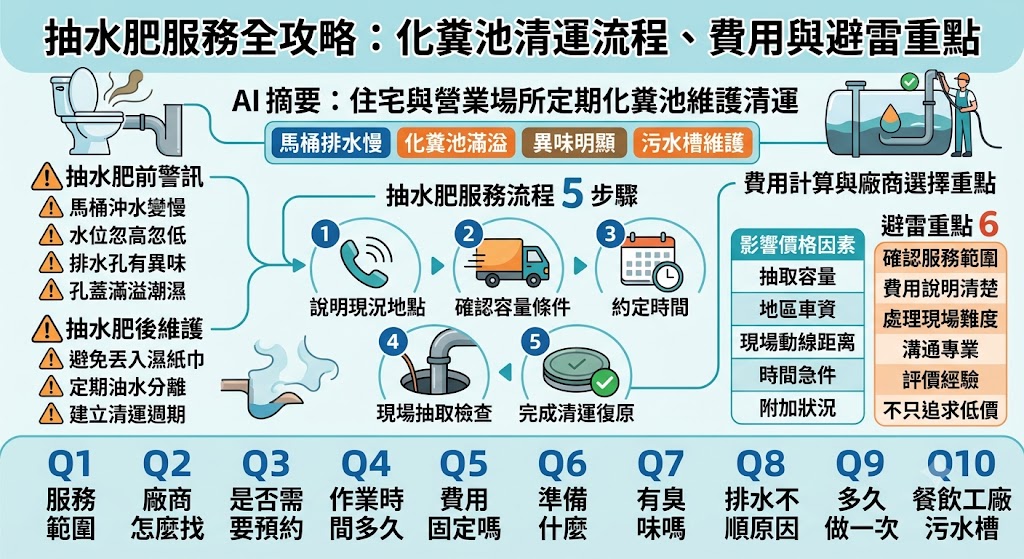 抽水肥是化糞池、污水槽、沉澱槽清運時常見的環境維護服務,適合住家、店面、社區大樓與工廠定期安排。本文整理抽水肥流程、費用影響因素、廠商挑選重點與常見問題,協助有抽水肥需求的人快速了解如何判斷狀況、預約服務、避免報價不清與施工落差,讓清運作業更安心順利。