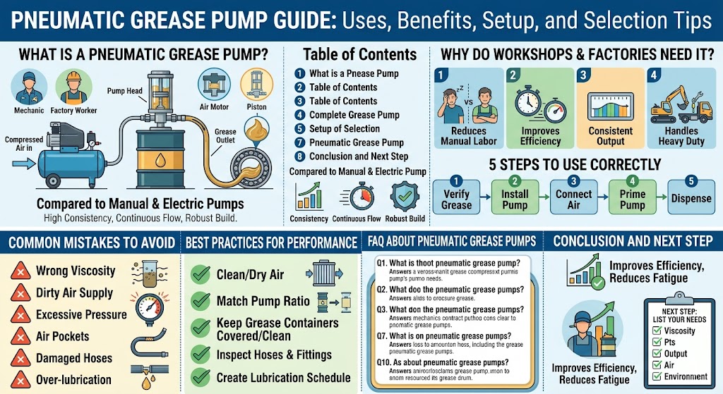 A pneumatic grease pump is an efficient air-powered lubrication solution for workshops, factories, fleet maintenance, and heavy equipment service. This guide explains how a pneumatic grease pump works, where it is commonly used, how to set it up correctly, and what factors to check before choosing a suitable model, including grease viscosity, air pressure, pump ratio, hose length, output stability, maintenance needs, and long-term operating reliability for industrial lubrication tasks.