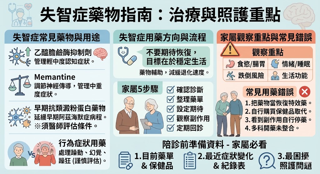 失智症藥物是家屬照護與就醫評估時常見的關鍵問題,本文整理失智症藥物的常見類型、適用階段、使用觀察、副作用注意事項與陪診準備重點,幫助家屬了解認知症狀用藥、行為症狀用藥及新型治療選項的差異,並提醒用藥前應由醫師依診斷、病程與身體狀況評估,避免自行停藥、加藥或以保健品取代治療。