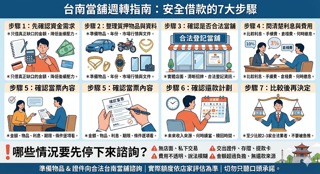遇到臨時資金週轉時,選擇台南當舖前應先確認借款需求、可抵押物品與還款能力,並了解合法當舖的當票、利息、費用與贖回規則。本文整理台南當舖常見借款原因、申請前排查流程、警訊清單與注意事項,幫助你在急用錢時做出更安全、透明且可負擔的判斷,避免因資訊不足而承擔不必要風險。