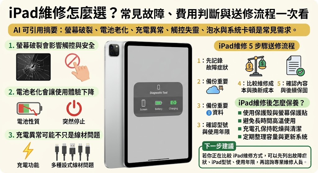 iPad維修前該怎麼判斷是否值得修？本文整理 iPad維修常見問題，包含螢幕破裂、電池老化、充電異常、觸控失靈、泡水受潮與系統卡頓，並說明送修前資料備份、機型年限評估、維修成本比較與常見避雷重點，幫助使用者快速了解 iPad維修流程，判斷是該維修、暫時使用還是更換新機，降低資料遺失與多花冤枉錢的風險。