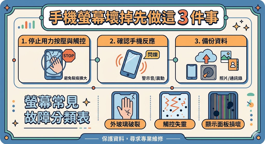 手機螢幕壞掉時，先別急著反覆重開機或用力按壓螢幕，應先確認手機是否仍有聲音、震動、通知與充電反應，再判斷是外玻璃破裂、觸控失靈、黑屏、閃爍、綠線或顯示面板受損。本文整理手機螢幕壞掉常見原因、快速排查步驟、資料備份方式與送修前注意事項，幫助你判斷是否需要維修、如何保護重要資料，並避免因錯誤操作造成更嚴重損壞。