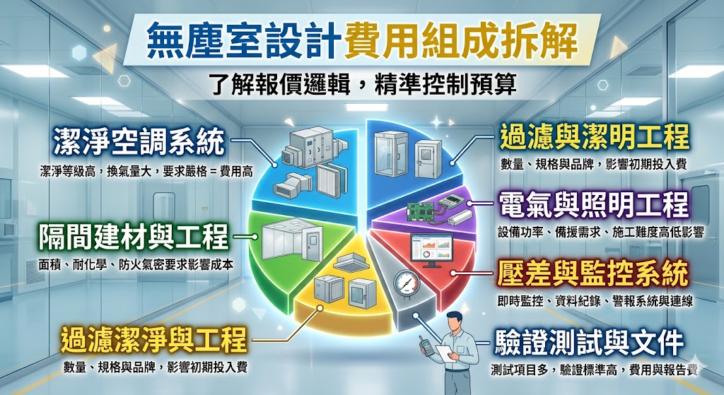 無塵室設計費用會受到潔淨等級、空調換氣、壓差控制、隔間材料、設備配置與驗證需求影響。本文整理無塵室設計報價組成、影響價格因素、預算方案與報價單必問重點，幫助首次規劃無塵室設計的業主更清楚掌握費用邏輯，降低詢價與採購風險。
