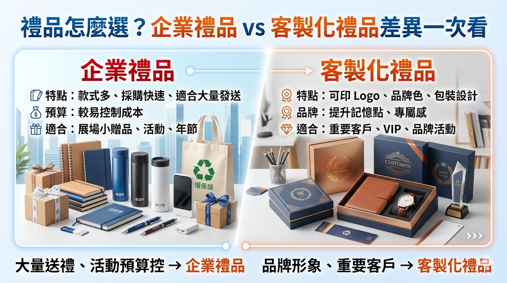 禮品挑選不只是看價格，更要依照送禮對象、預算、交期與品牌目的來判斷。本文整理企業禮品與客製化禮品的差異、優缺點、費用影響因素與採購避雷重點，幫助企業、活動單位與採購人員快速了解禮品怎麼選，從大量贈品、節慶送禮到重要客戶維繫，都能找到更適合的禮品方案，提升實用性與品牌記憶度。