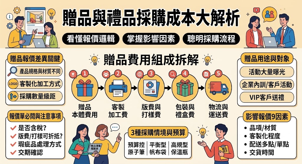 贈品費用怎麼算？本文從贈品本體、客製化加工、包裝、物流、交期與報價單細節完整拆解，幫助第一次採購贈品的企業、活動單位或品牌行銷人員，看懂贈品價位差異、影響報價因素與詢價前該準備的重點，避免隱藏費用與溝通落差，找到符合預算與品牌形象的贈品方案。