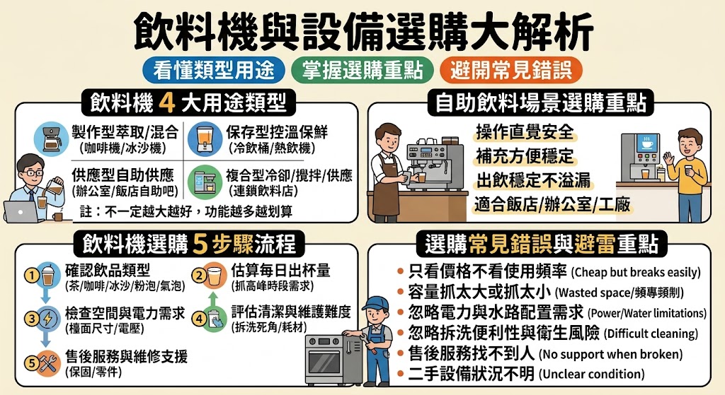 飲料機是餐飲店、辦公室、自助吧與活動攤位常見的飲品供應設備，選擇飲料機時需依飲品類型、每日出杯量、設備容量、清潔難度、空間動線與售後維修進行評估。合適的飲料機不只可提升出杯效率，也能穩定飲品品質、降低人力負擔，讓商用營運或日常飲品供應更加順暢。