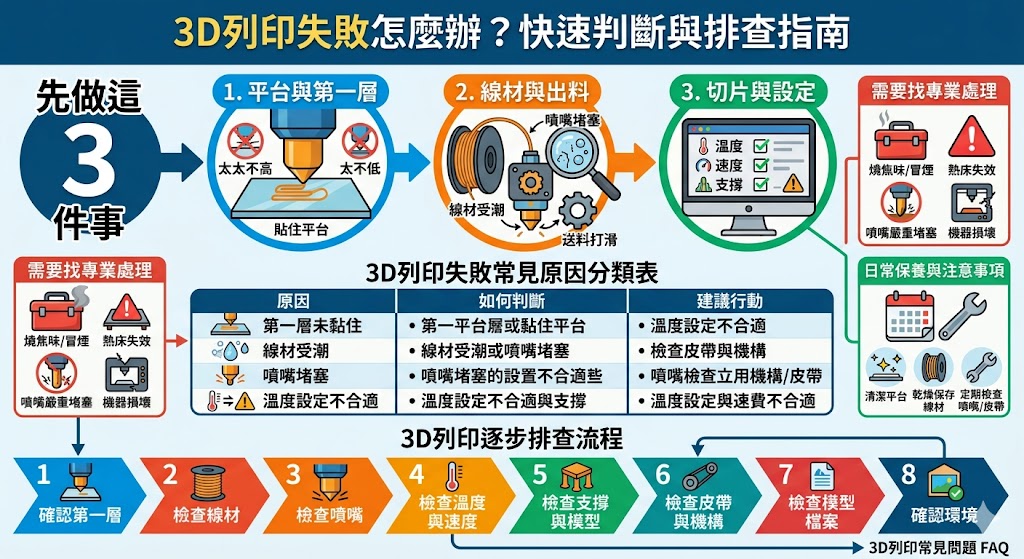 這篇文章整理 3D列印 常見失敗原因與排查方式,從第一層黏不住、線材受潮、噴嘴堵塞、切片設定錯誤到機構鬆動,帶你一步步判斷問題來源。無論是一般使用者、設計工作室或店家,都能透過 3D列印 排查流程,快速找出改善方向,降低列印失敗率並提升成品穩定度。