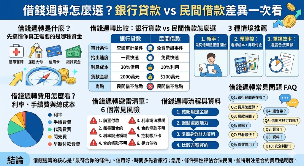 借錢週轉時,最重要的不是只看哪個方案最快,而是先判斷自己的信用條件、資金急迫性與還款能力。本文整理借錢週轉常見方式,從銀行貸款與民間借款的差異、費用、優缺點、適合族群到避雷重點,幫助有短期資金需求的人快速比較方案。若信用穩定、收入明確,可優先評估銀行貸款;若急需資金或條件較彈性,則可了解合法民間借款,但務必確認合約、利率與總還款成本,避免因一時週轉造成後續財務壓力。