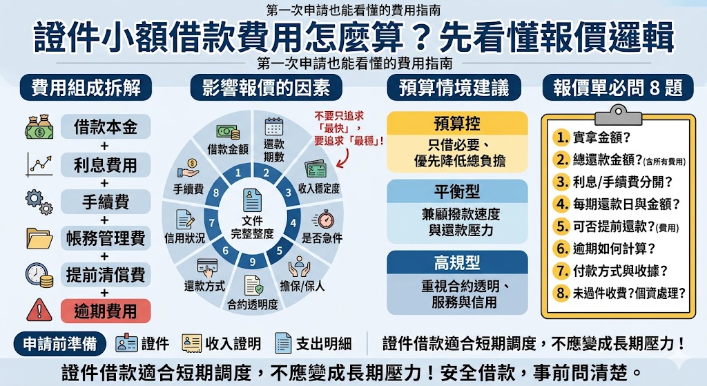 證件小額借款適合臨時資金周轉，但申請前一定要先看懂費用怎麼算。本文整理證件小額借款的費用組成、影響報價因素、不同預算情境、報價單必問問題與常見風險，幫助第一次申請的人在詢問前掌握實拿金額、總還款金額、付款方式與是否有隱藏費，降低借款踩雷機率。