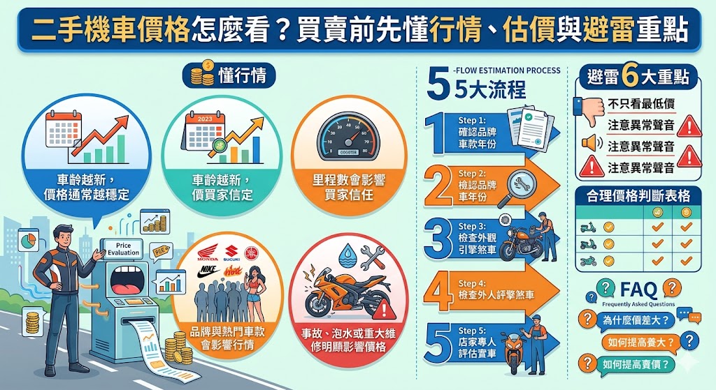 想了解二手機車價格怎麼判斷才合理,建議先從品牌、車款年份、里程數、車況、保養紀錄與市場需求一起評估。二手機車價格並沒有固定標準,同款車也會因事故紀錄、耗材狀態、是否整備、過戶費用與店家服務而產生差異。買車前可多比較同年份與相近里程的行情,賣車前則可準備行照、照片與維修紀錄,讓估價更清楚透明。