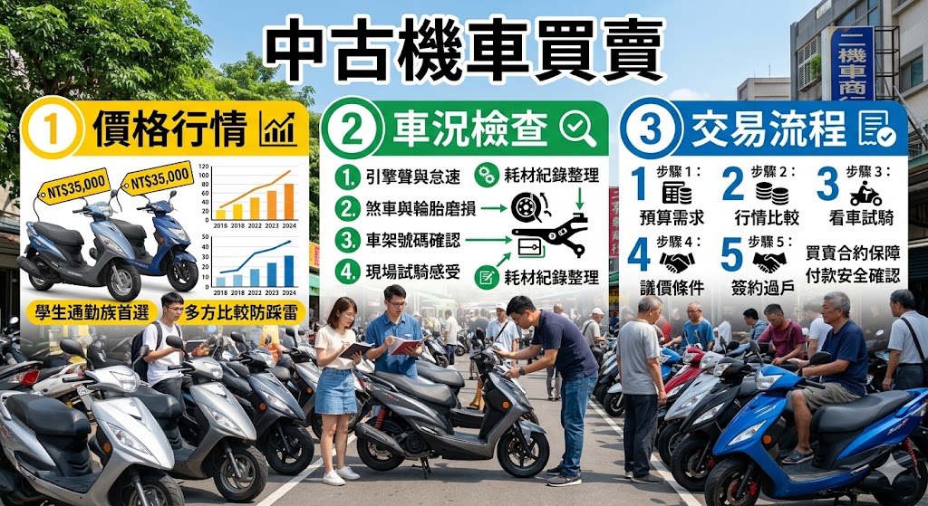 中古機車買賣前，除了比較價格，更要確認車況、車籍資料、里程紀錄、過戶流程與付款安全。本文整理中古機車買賣的看車重點、交易流程、議價方式與常見避雷事項，幫助買方判斷車輛是否值得入手，也讓賣方了解如何準備資料、設定合理售價並提升成交機率，降低交易糾紛與後續維修風險。