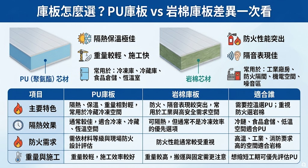 庫板怎麼選才符合冷凍、隔間、廠房或食品空間需求?本文整理PU庫板與岩棉庫板的差異、材質特色、費用影響因素、施工注意事項與常見問題,幫助你從隔熱、防火、預算、施工效率與後續維護角度判斷適合的庫板方案,避免只看價格而選錯規格。