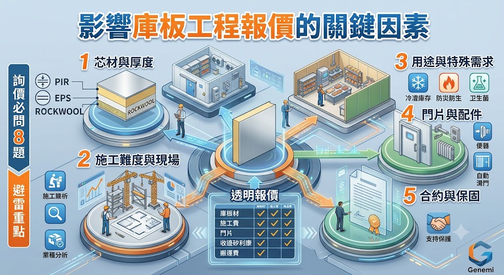 庫板費用會依用途、厚度、芯材、面板材質、施工面積、門片規格、收邊方式與現場條件而不同,第一次規劃冷藏庫、冷凍庫、食品加工區、潔淨室或廠房隔間時,不建議只問庫板一坪多少錢,而是要看完整報價單是否清楚列出庫板材料、施工範圍、搬運拆除、配件五金與保固內容。本文整理庫板報價組成、影響價位的關鍵因素、不同預算方案與詢價必問問題,幫助你更有效比較廠商報價。
