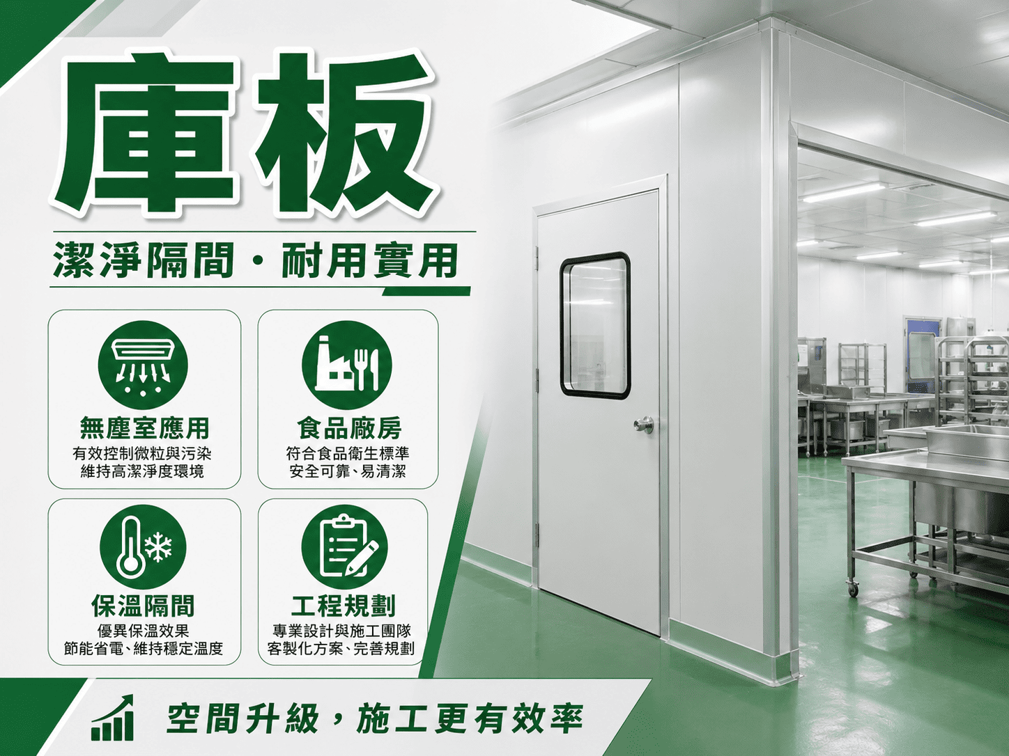 庫板工程常用於食品加工廠、冷凍冷藏、物流倉儲、無塵室、實驗室與各類工廠隔間